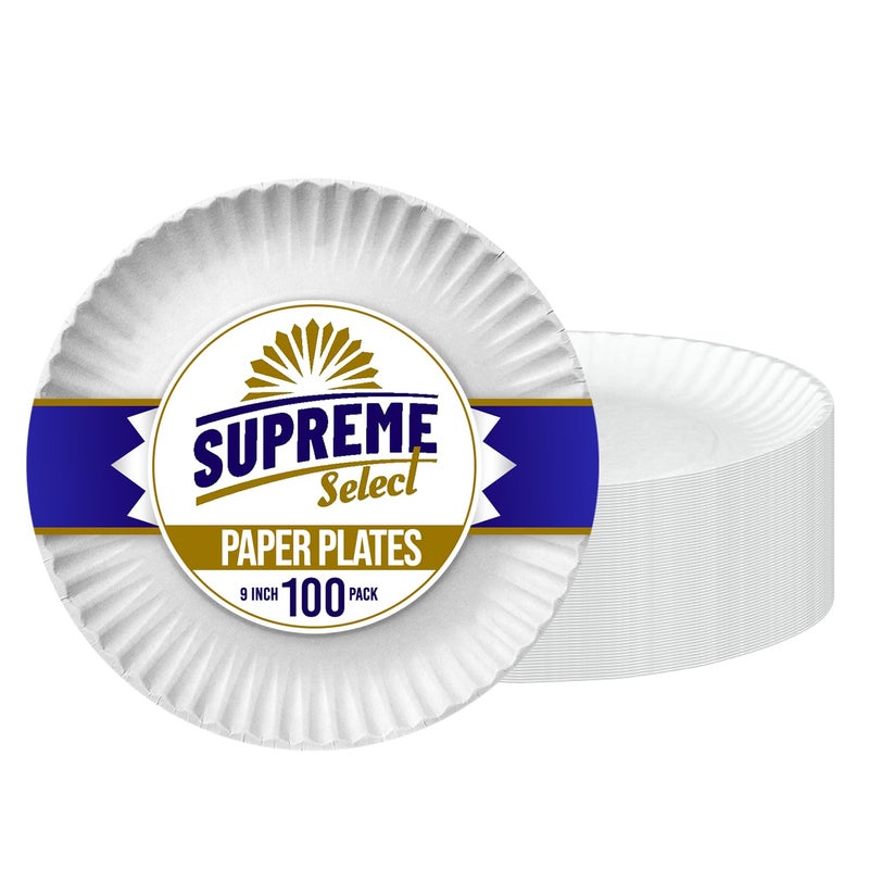 Supreme Select Disposable Paper Plates in Bulk [Set of 100 | 9 inch] Uncoated White Large Plate - Ideal for Birthday Parties, Weddings, Thanksgiving, Dinners, Desserts, Crafts, and BBQs - Image 1
